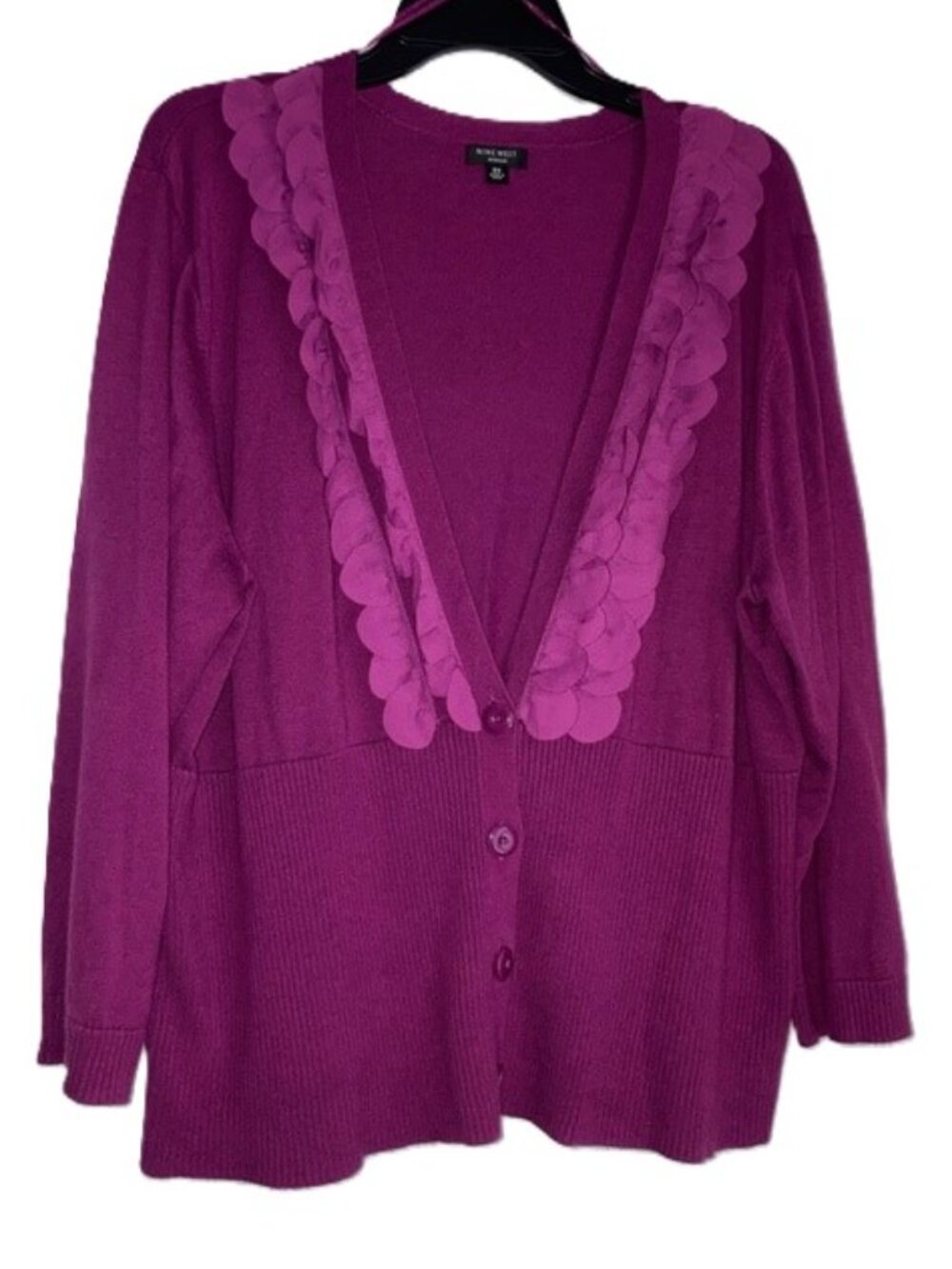 NINE WEST Open-Front Cardigan Sweater Magenta Plum 3D Circle Accents Size 3X